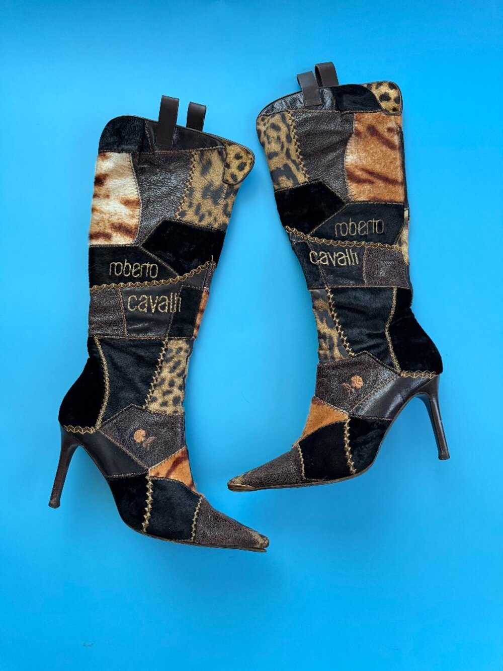 Roberto Cavalli RARE Vintage Patchwork Knee High Boots Leopard Pony Hair EU 39